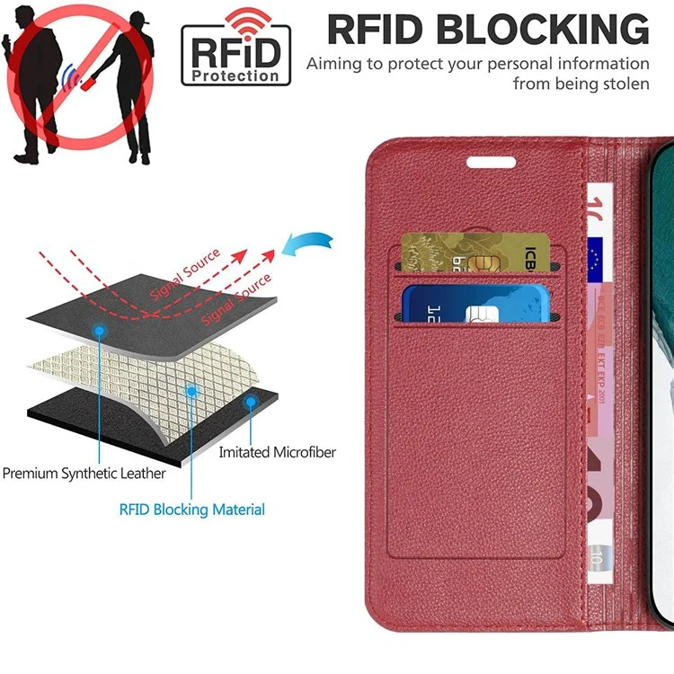 For Samsung Galaxy S22 Ultra 5G Rhombus Embossing Litchi Texture PU Leather Full-protection Cover RFID Blocking Phone Stand Wallet Case - Red