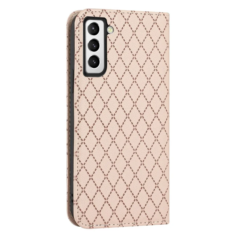 For Samsung Galaxy S22 5G RFID Blocking PU Leather Phone Wallet Cover Rhombus Embossing Litchi Texture Flip Stand Protective Case - Yellow