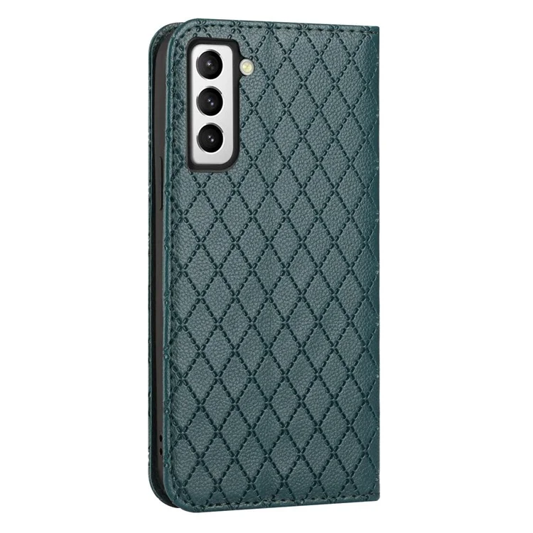 For Samsung Galaxy S21+ 5G / S30+ 5G Rhombus Embossing Litchi Texture PU Leather Drop-proof Cover RFID Blocking Phone Stand Wallet Case - Green