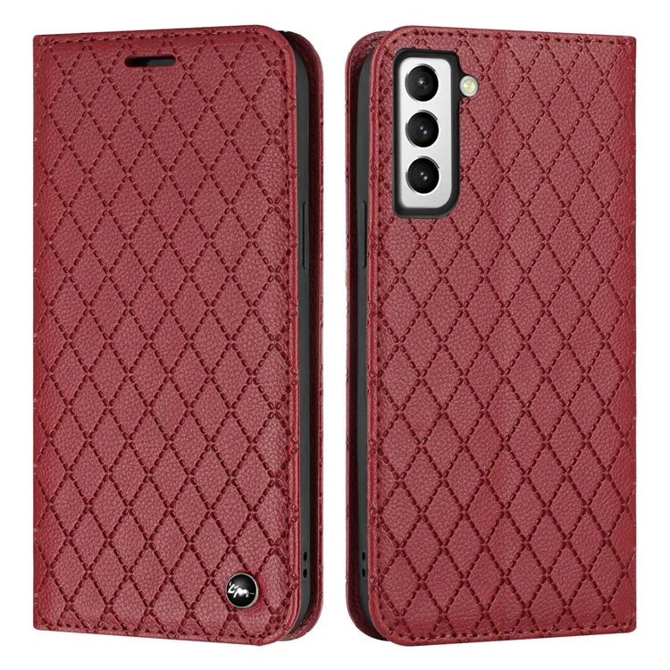 For Samsung Galaxy S21 5G / S21 4G / S30 5G RFID Blocking PU Leather Full-protection Cover Rhombus Embossing Litchi Texture Flip Stand Wallet Phone Case - Red
