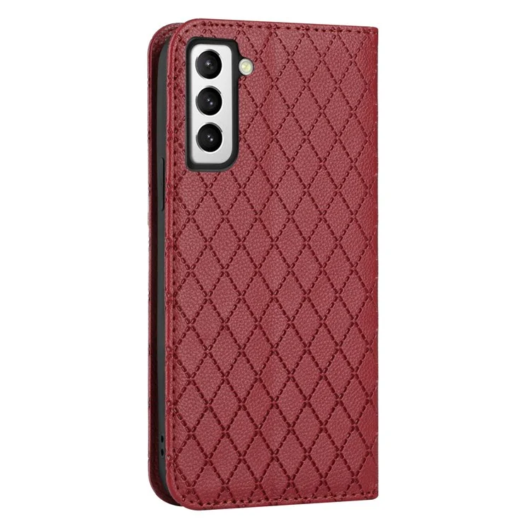 For Samsung Galaxy S21 5G / S21 4G / S30 5G RFID Blocking PU Leather Full-protection Cover Rhombus Embossing Litchi Texture Flip Stand Wallet Phone Case - Red