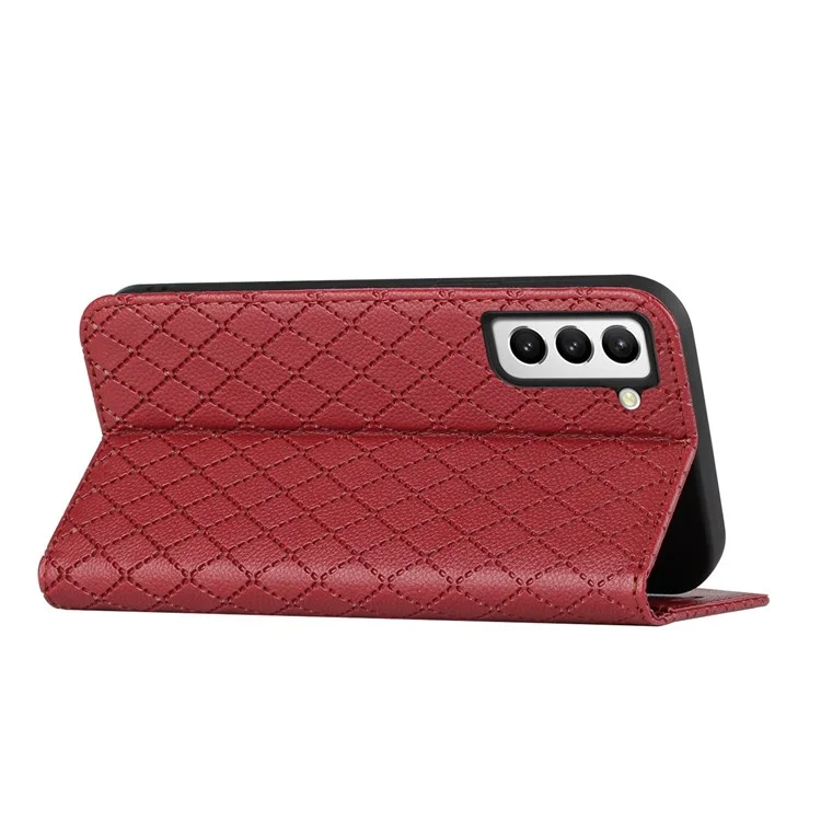 For Samsung Galaxy S21 5G / S21 4G / S30 5G RFID Blocking PU Leather Full-protection Cover Rhombus Embossing Litchi Texture Flip Stand Wallet Phone Case - Red