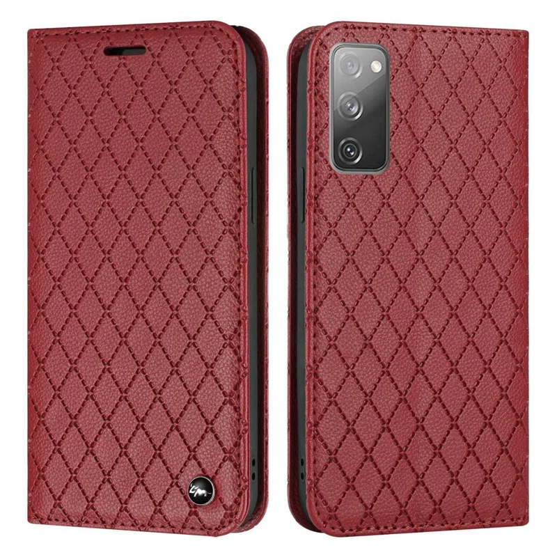 For Samsung Galaxy S20 FE 4G / FE 5G / S20 Lite / S20 FE 2022 Rhombus Embossing Litchi Texture RFID Blocking Phone Case PU Leather Stand Wallet Cover - Red