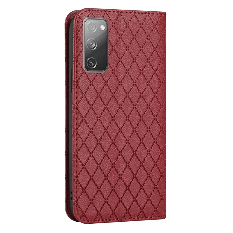 For Samsung Galaxy S20 FE 4G / FE 5G / S20 Lite / S20 FE 2022 Rhombus Embossing Litchi Texture RFID Blocking Phone Case PU Leather Stand Wallet Cover - Red