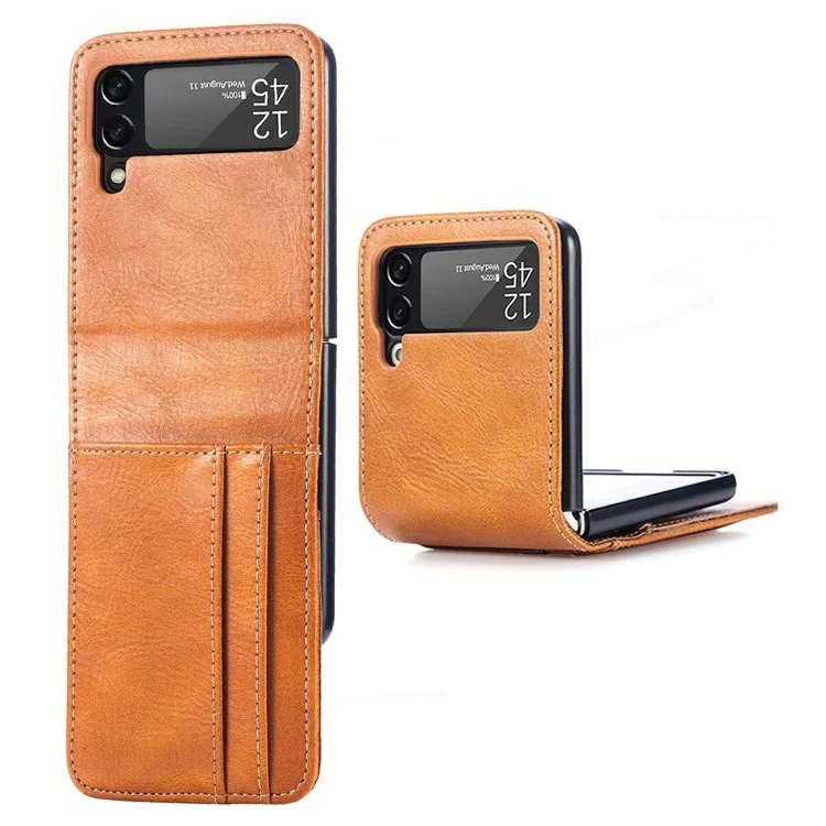 For Samsung Galaxy Z Flip4 5G Portable Wallet Phone Case PU Leather Coated Hard PC Cover Folding Phone Shell - Brown
