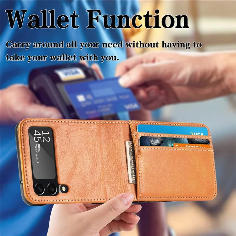 For Samsung Galaxy Z Flip4 5G Portable Wallet Phone Case PU Leather Coated Hard PC Cover Folding Phone Shell - Brown