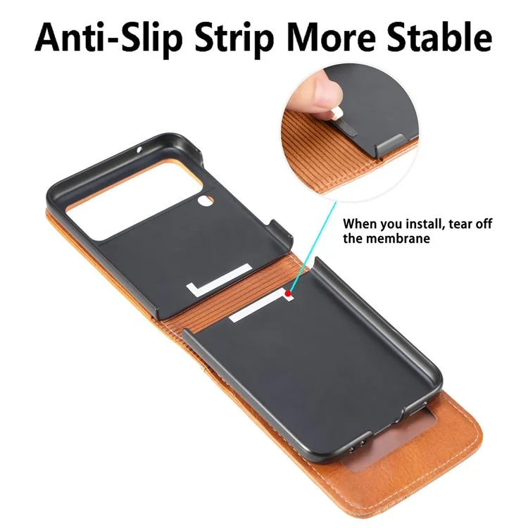 For Samsung Galaxy Z Flip4 5G Portable Wallet Phone Case PU Leather Coated Hard PC Cover Folding Phone Shell - Brown