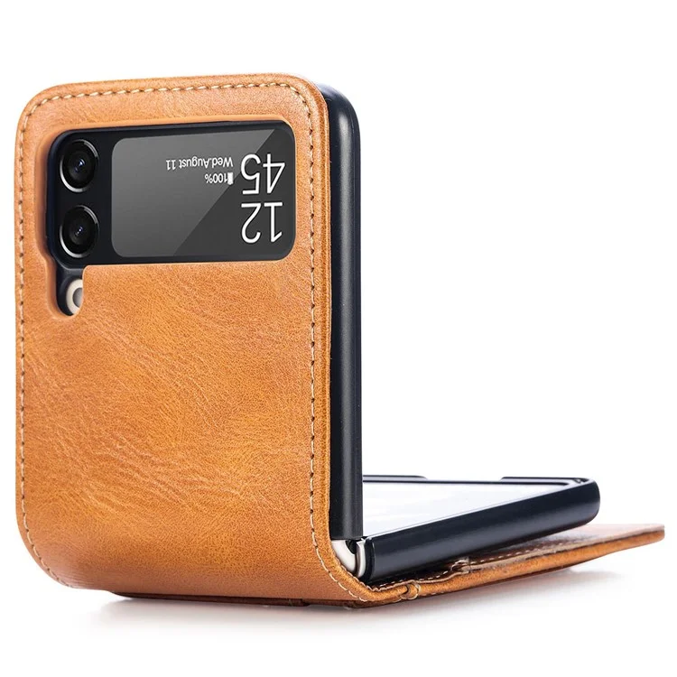 For Samsung Galaxy Z Flip4 5G Portable Wallet Phone Case PU Leather Coated Hard PC Cover Folding Phone Shell - Brown