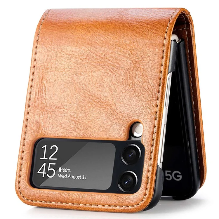 For Samsung Galaxy Z Flip4 5G Portable Wallet Phone Case PU Leather Coated Hard PC Cover Folding Phone Shell - Brown