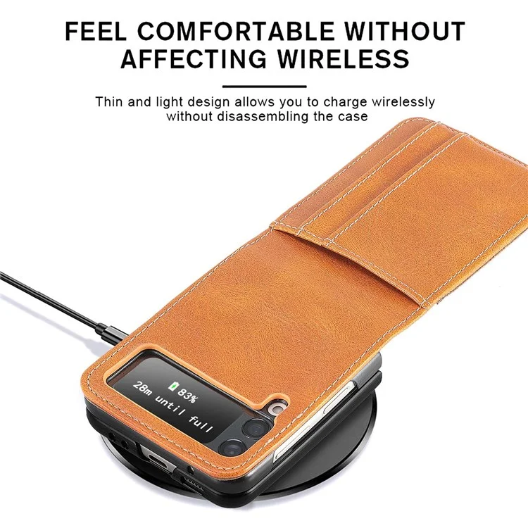 For Samsung Galaxy Z Flip4 5G Portable Wallet Phone Case PU Leather Coated Hard PC Cover Folding Phone Shell - Brown