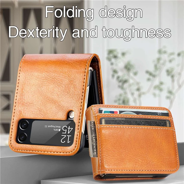 For Samsung Galaxy Z Flip4 5G Portable Wallet Phone Case PU Leather Coated Hard PC Cover Folding Phone Shell - Brown