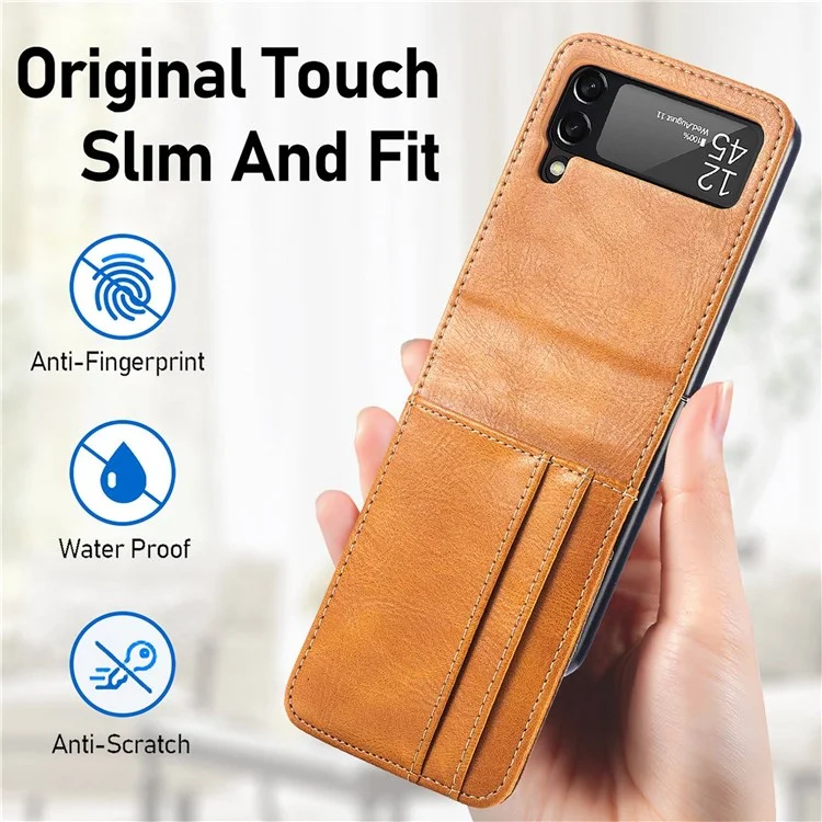 For Samsung Galaxy Z Flip4 5G Portable Wallet Phone Case PU Leather Coated Hard PC Cover Folding Phone Shell - Brown