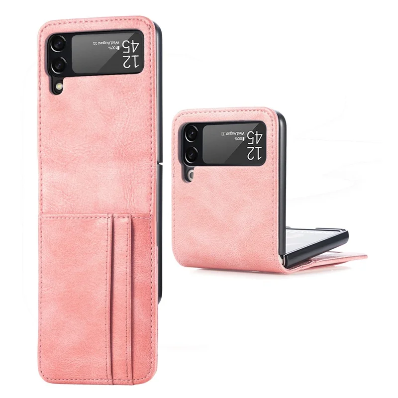For Samsung Galaxy Z Flip4 5G Portable Wallet Phone Case PU Leather Coated Hard PC Cover Folding Phone Shell - Pink