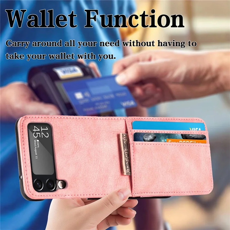 For Samsung Galaxy Z Flip4 5G Portable Wallet Phone Case PU Leather Coated Hard PC Cover Folding Phone Shell - Pink