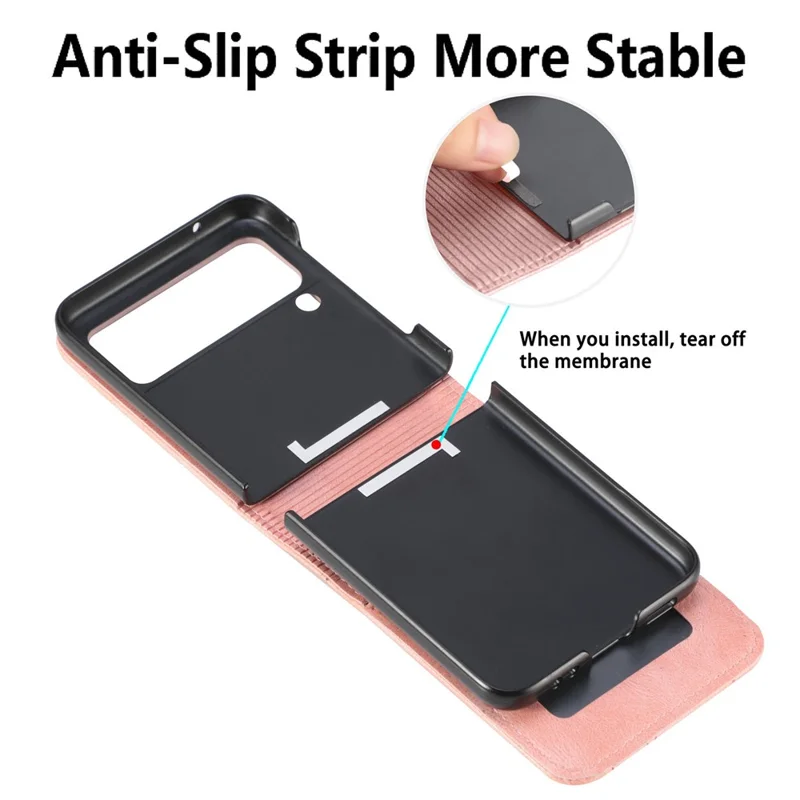 For Samsung Galaxy Z Flip4 5G Portable Wallet Phone Case PU Leather Coated Hard PC Cover Folding Phone Shell - Pink