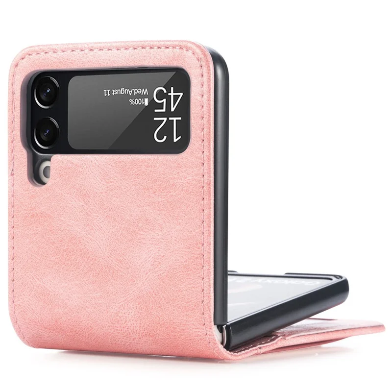 For Samsung Galaxy Z Flip4 5G Portable Wallet Phone Case PU Leather Coated Hard PC Cover Folding Phone Shell - Pink
