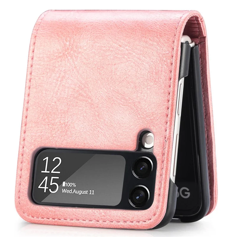 For Samsung Galaxy Z Flip4 5G Portable Wallet Phone Case PU Leather Coated Hard PC Cover Folding Phone Shell - Pink