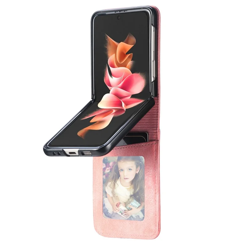 For Samsung Galaxy Z Flip4 5G Portable Wallet Phone Case PU Leather Coated Hard PC Cover Folding Phone Shell - Pink