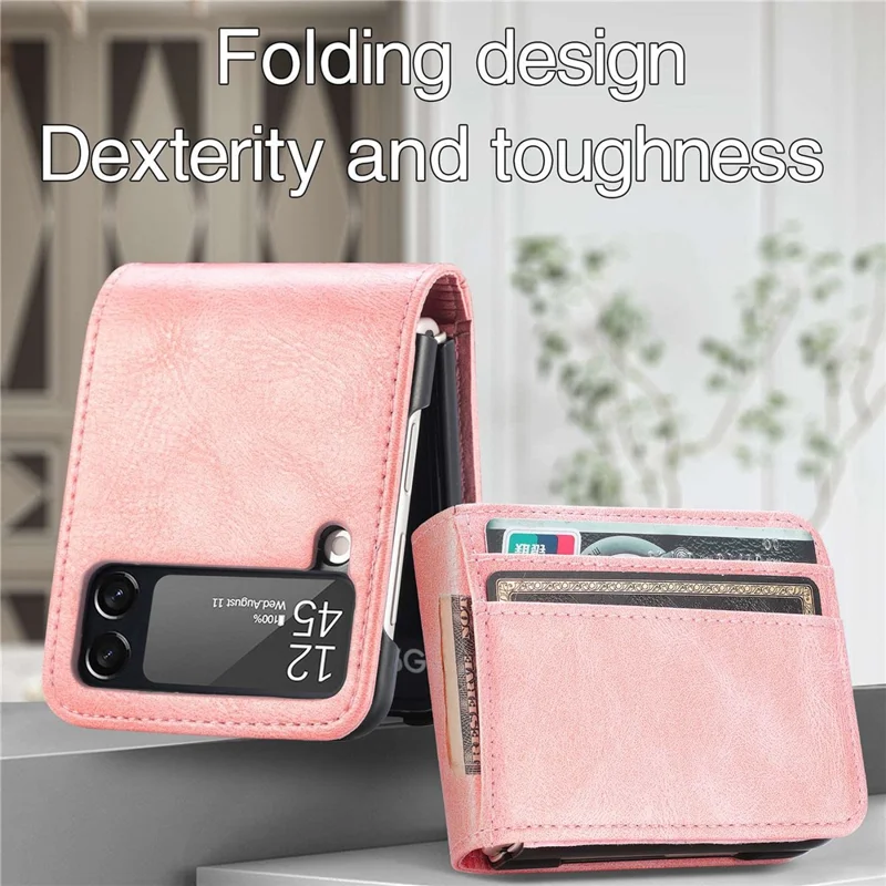 For Samsung Galaxy Z Flip4 5G Portable Wallet Phone Case PU Leather Coated Hard PC Cover Folding Phone Shell - Pink