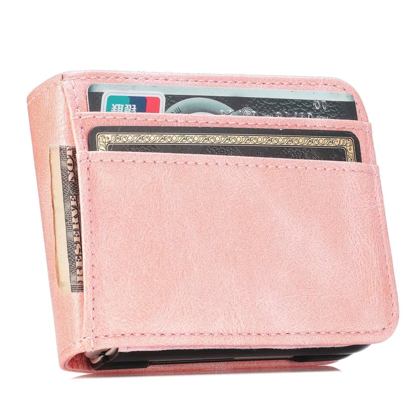 For Samsung Galaxy Z Flip4 5G Portable Wallet Phone Case PU Leather Coated Hard PC Cover Folding Phone Shell - Pink