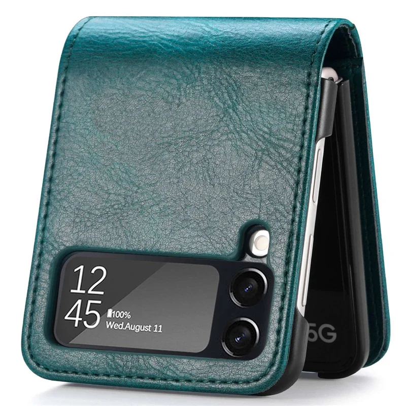 For Samsung Galaxy Z Flip4 5G Portable Wallet Phone Case PU Leather Coated Hard PC Cover Folding Phone Shell - Green