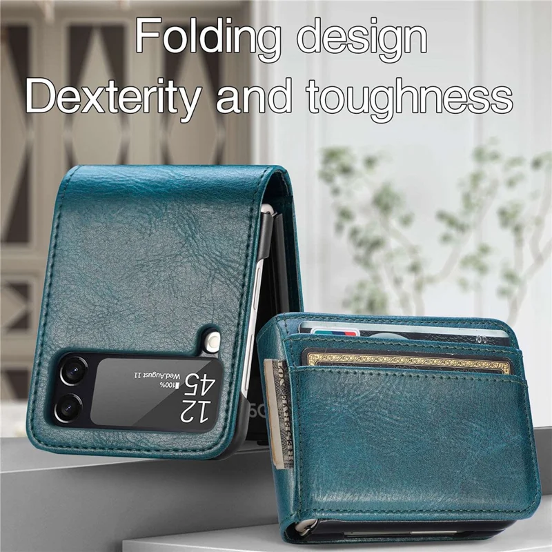 For Samsung Galaxy Z Flip4 5G Portable Wallet Phone Case PU Leather Coated Hard PC Cover Folding Phone Shell - Green