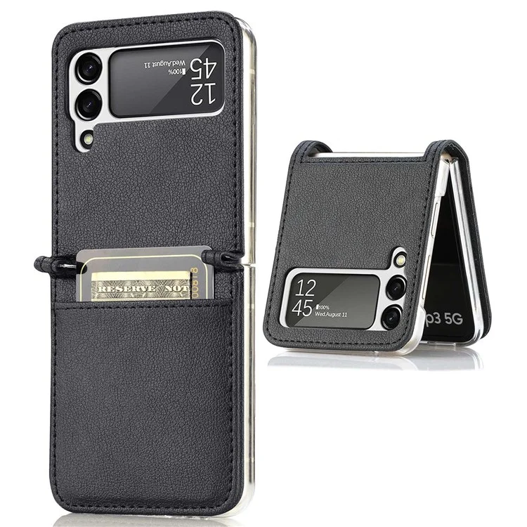 Pour Samsung Galaxy Z Flip4 5G Conception de l'emplacement pour carte Ultra mince Revêtement en cuir de texture Litchi PU Étui de protection PC - Noir