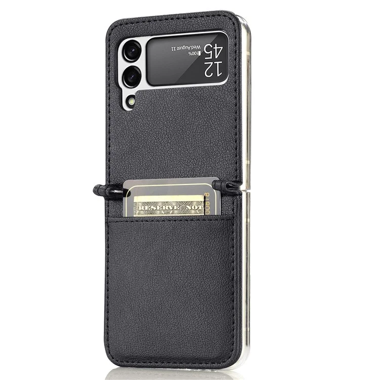 Pour Samsung Galaxy Z Flip4 5G Conception de l'emplacement pour carte Ultra mince Revêtement en cuir de texture Litchi PU Étui de protection PC - Noir