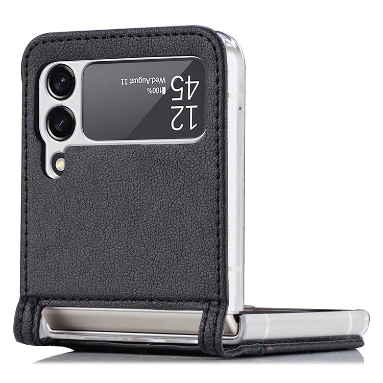 Pour Samsung Galaxy Z Flip4 5G Conception de l'emplacement pour carte Ultra mince Revêtement en cuir de texture Litchi PU Étui de protection PC - Noir