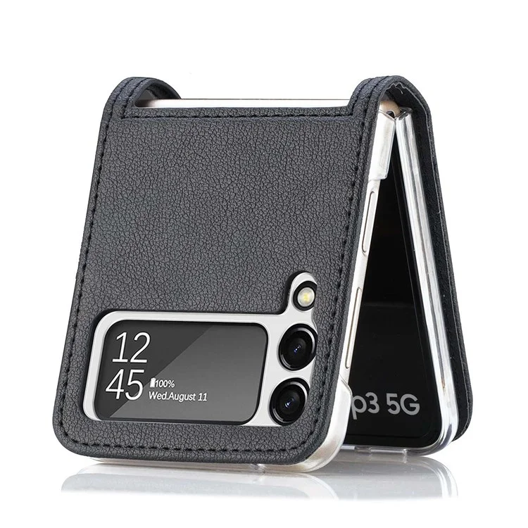 Pour Samsung Galaxy Z Flip4 5G Conception de l'emplacement pour carte Ultra mince Revêtement en cuir de texture Litchi PU Étui de protection PC - Noir
