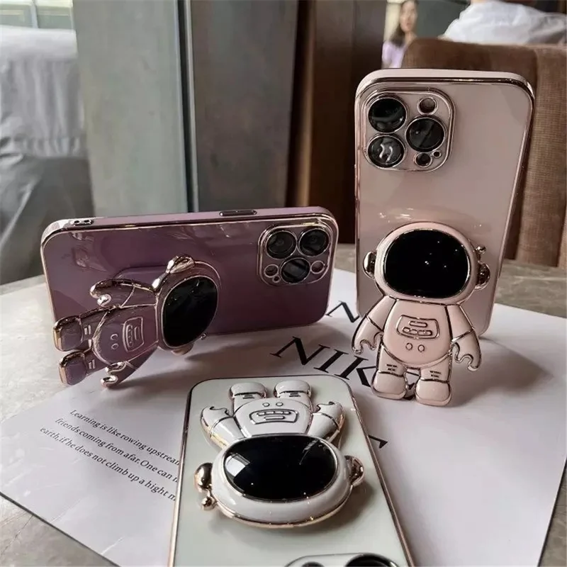 Astronaut Kickstand Phone Case for iPhone 13 Pro 6.1 inch, Electroplating Frame Anti-drop Soft TPU Cover - Purple