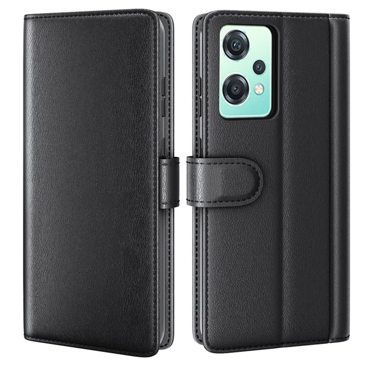 For OnePlus Nord CE 2 Lite 5G Case Genuine Split Leather Phone Cover with Wallet Stand - Black