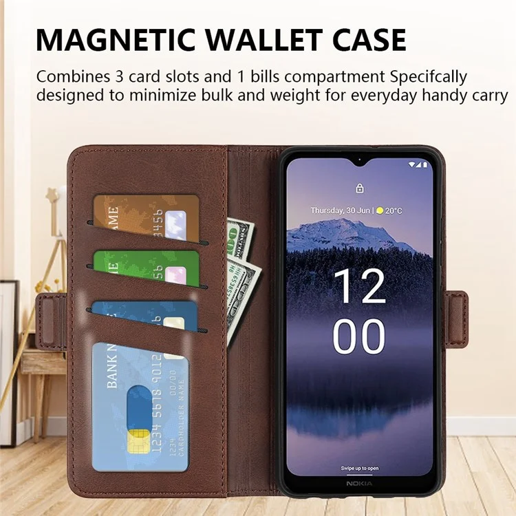 Per Nokia G11 Plus 4G Double Magnetic Class Telefono Tecratured in Pelle PU Coperchio - Marrone