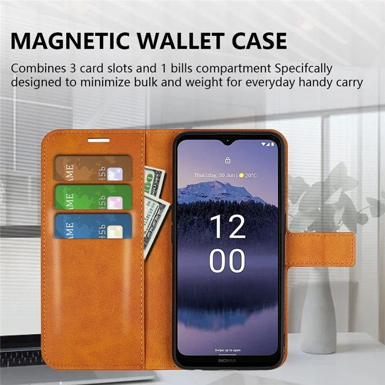 Wallet Stand Phone Case for Nokia G11 Plus 4G, Square Magnetic Clasp Textured PU Leather Anti-drop Protective Cover - Yellow
