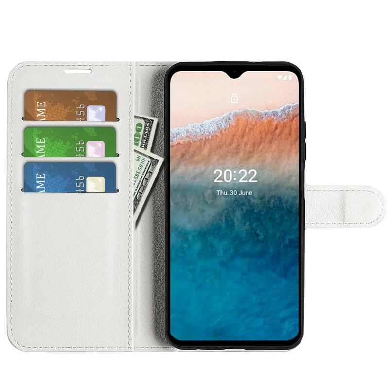 Litchi Texture PU Leather Case for Nokia G21 Plus 4G Shockproof Wallet Stand Folio Flip Phone Cover - White