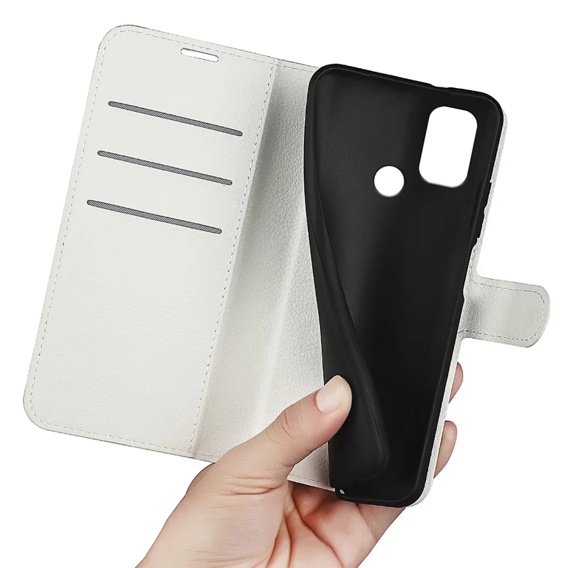 Litchi Texture PU Leather Case for Nokia G21 Plus 4G Shockproof Wallet Stand Folio Flip Phone Cover - White