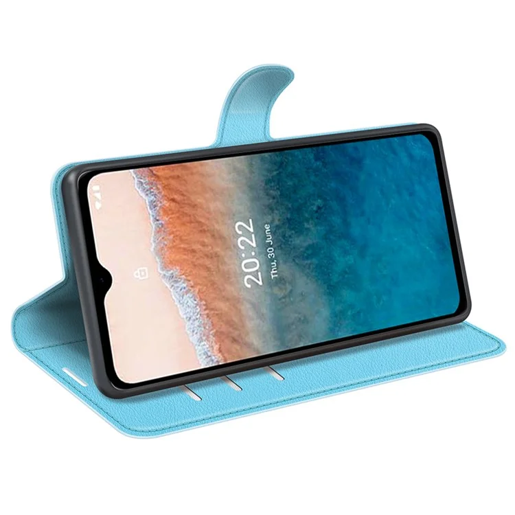 Litchi Texture PU Leather Case for Nokia G21 Plus 4G Shockproof Wallet Stand Folio Flip Phone Cover - Blue