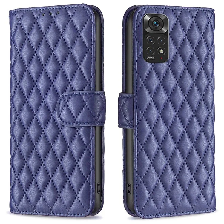 Binfen Color BF Style-14 Para Xiaomi Redmi Note 11 4G (Qualcomm) / Nota 11S 4G Matte PU Caja de Teléfono de Cuero Rombo Impreso de Billetera Soporte de Protección Completa Cubierta de Protección - Azul