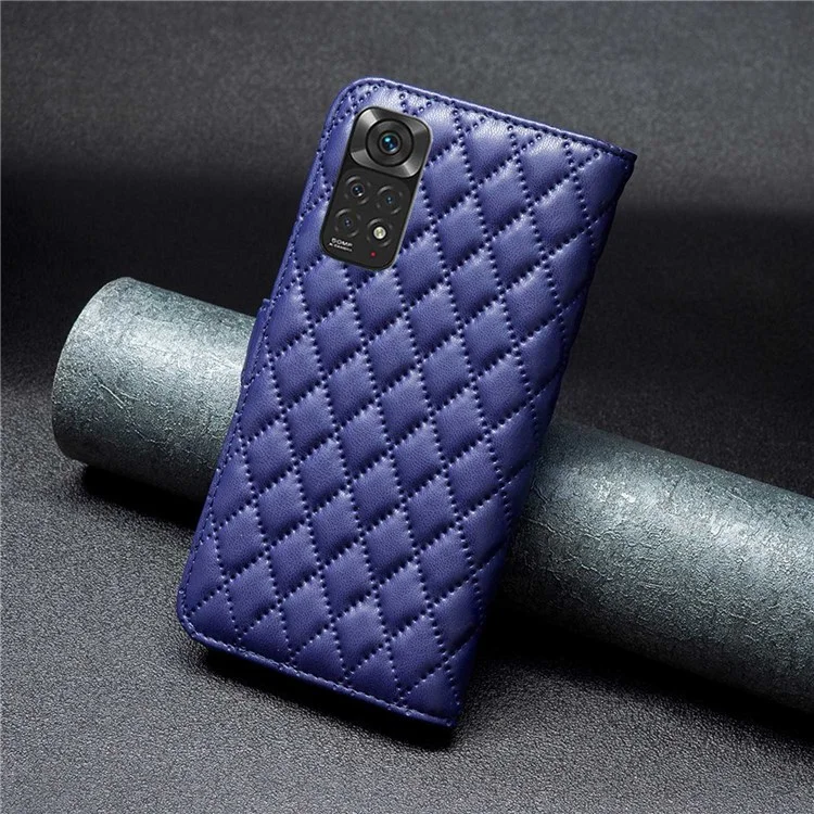 Binfen Color BF Style-14 Para Xiaomi Redmi Note 11 4G (Qualcomm) / Nota 11S 4G Matte PU Caja de Teléfono de Cuero Rombo Impreso de Billetera Soporte de Protección Completa Cubierta de Protección - Azul