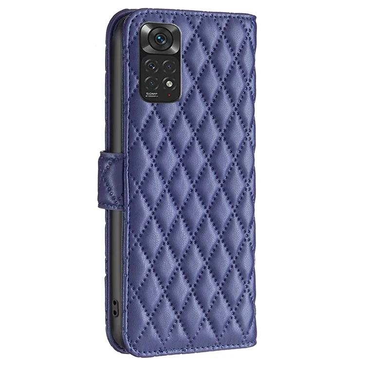 Binfen Color BF Style-14 Para Xiaomi Redmi Note 11 4G (Qualcomm) / Nota 11S 4G Matte PU Caja de Teléfono de Cuero Rombo Impreso de Billetera Soporte de Protección Completa Cubierta de Protección - Azul