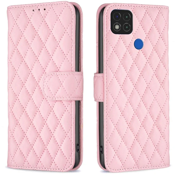 Color Binfen Para Xiaomi Redmi 9C / 9c NFC / Redmi 10a / Poco C31 BF Estilo-14 Patrón de Rombo Impreso PU Cuero TPU TPU Matte Telephip Willet Cubierta Protectora - Rosado