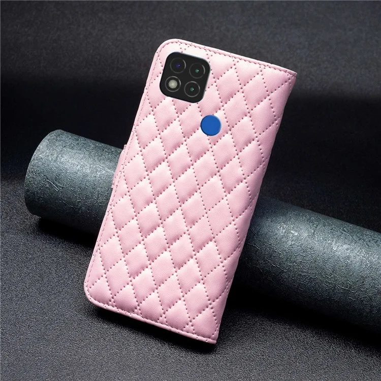 Color Binfen Para Xiaomi Redmi 9C / 9c NFC / Redmi 10a / Poco C31 BF Estilo-14 Patrón de Rombo Impreso PU Cuero TPU TPU Matte Telephip Willet Cubierta Protectora - Rosado