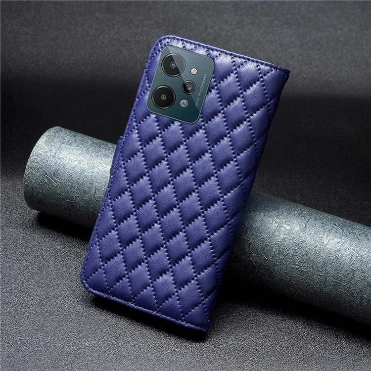 BINFEN COLOR Para Realme C31 BF Style-14 Impressão de Padrão de Losango PU Leather Cover Matte Stand Wallet Inner TPU Phone Case - Blue