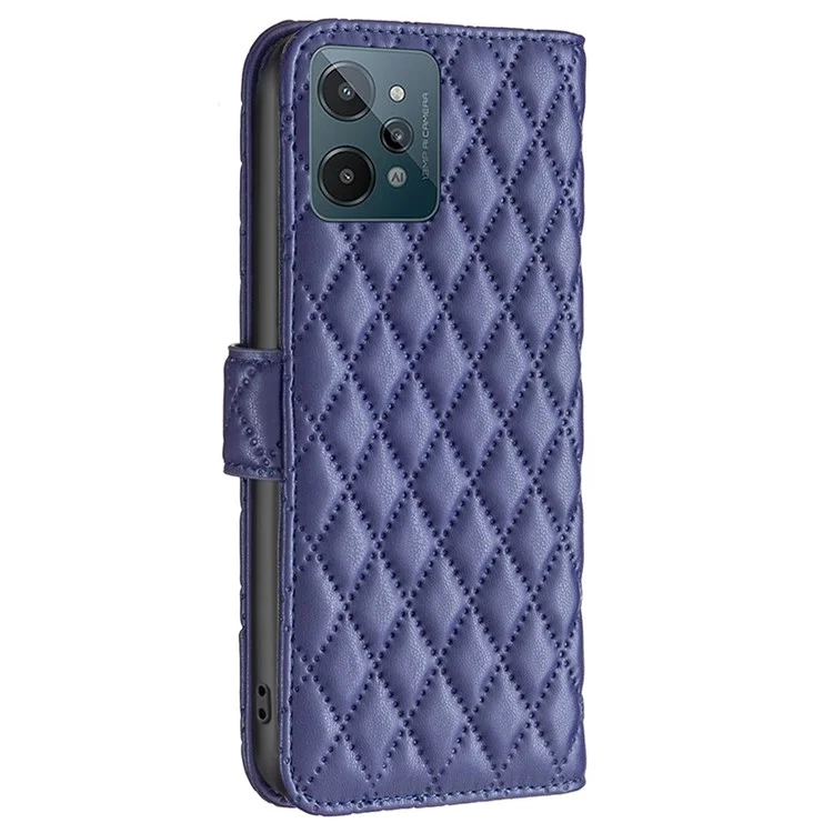 BINFEN COLOR Para Realme C31 BF Style-14 Impressão de Padrão de Losango PU Leather Cover Matte Stand Wallet Inner TPU Phone Case - Blue
