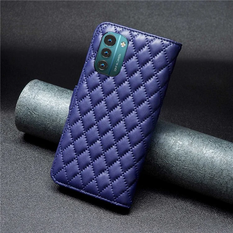 Color Binfen Para Nokia G11 / G21 BF Estilo-14 Patrón de Rombo Impreso PU Leather + TPU Caja de Teléfono Mate a Prueba de Choque Con Billetera de Soporte - Azul