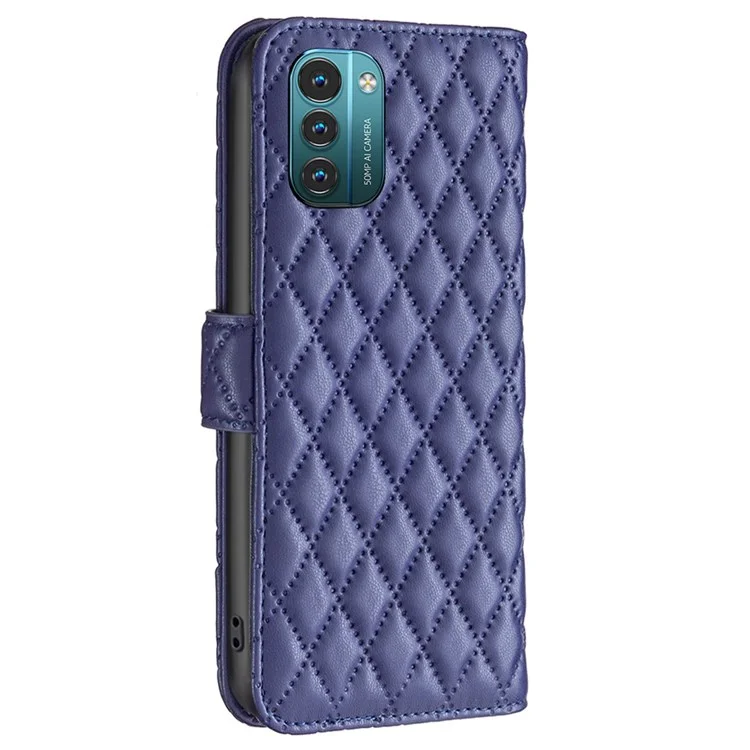 Color Binfen Para Nokia G11 / G21 BF Estilo-14 Patrón de Rombo Impreso PU Leather + TPU Caja de Teléfono Mate a Prueba de Choque Con Billetera de Soporte - Azul