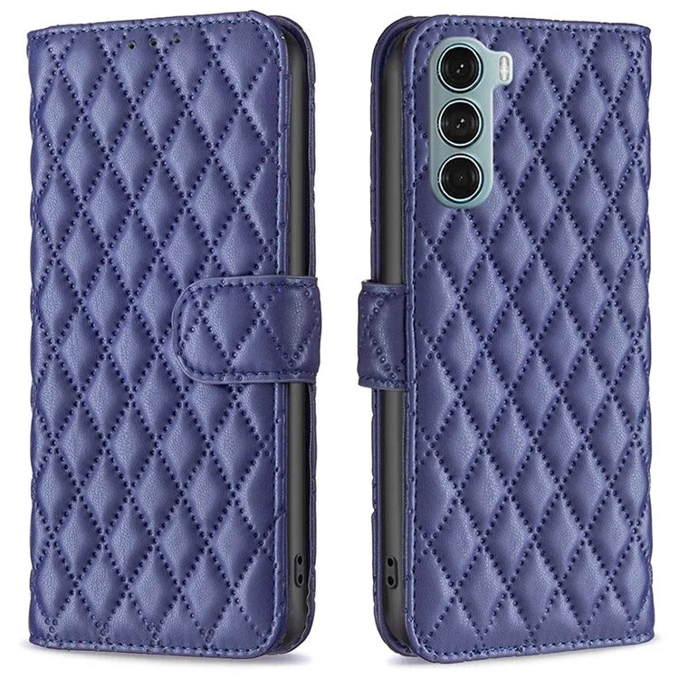 Binfen Colore Per Motorola Moto G200 5G / Edge S30 BF Style-14 Exprinted Rhombus Pattern Worket Case PU Leather Matte Anti-scratch Shell - Blu