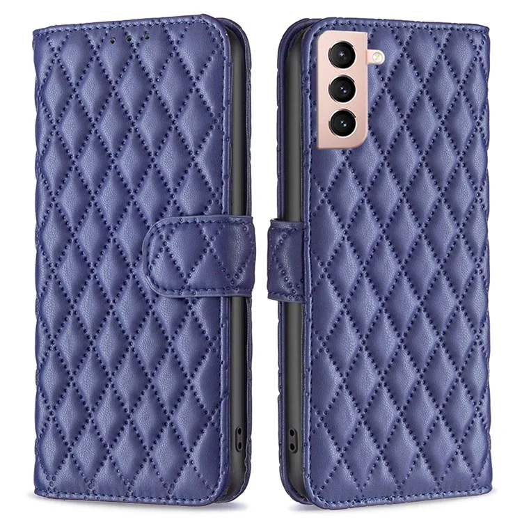 Binfen Color Para Samsung Galaxy S21 4G / 5G PU Couro Shell, BF Style-14 Impresso Rhombus Pattern Cobertão da Carteira Resistente a Fosco de Suporte Para Telefone Fosco Caixa - Azul