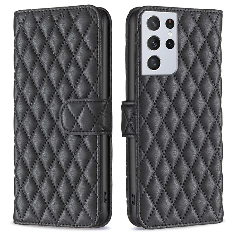 BINFEN COLOR Para Samsung Galaxy S21 Ultra 5G, Capa de Couro PU, Estilo BF-14 com Padrão Gravado de Rombos, Capa de Telefone Fosca com Suporte e Carteira - Preto