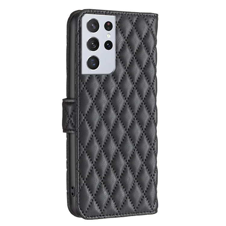 BINFEN COLOR Para Samsung Galaxy S21 Ultra 5G, Capa de Couro PU, Estilo BF-14 com Padrão Gravado de Rombos, Capa de Telefone Fosca com Suporte e Carteira - Preto